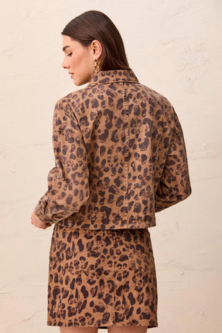 Leopard Print Cropped Denim Jacket With Patch Pockets-Leopard