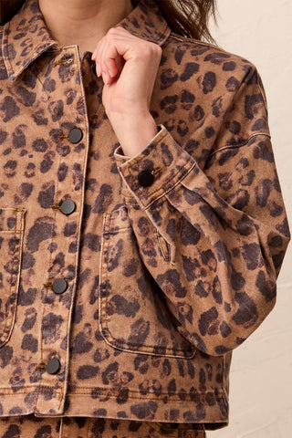 Leopard Print Cropped Denim Jacket With Patch Pockets-Leopard