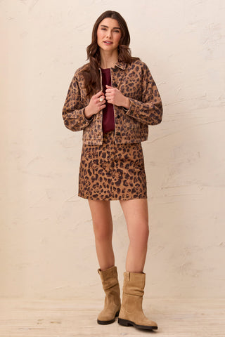 Leopard Print Cropped Denim Jacket With Patch Pockets-Leopard