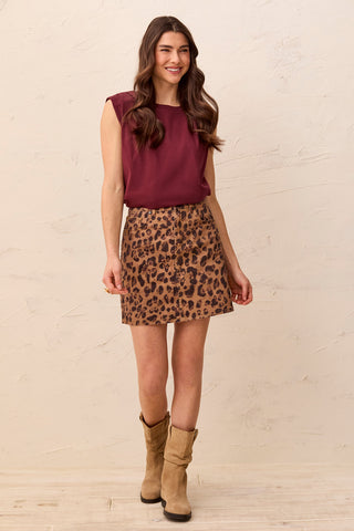 Brooke Leopard Print Denim Mini A-Line Skirt With Patch Pockets-Leopard