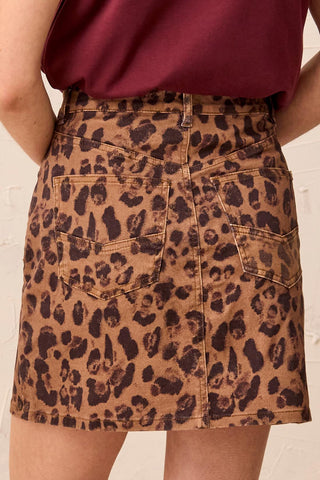 Brooke Leopard Print Denim Mini A-Line Skirt With Patch Pockets-Leopard