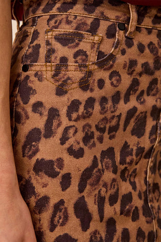 Brooke Leopard Print Denim Mini A-Line Skirt With Patch Pockets-Leopard