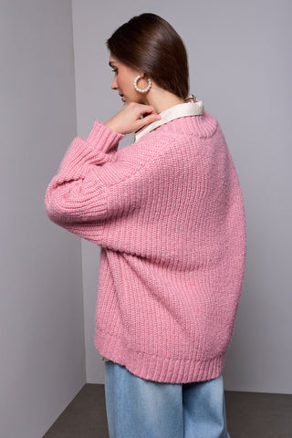 BLUE THREAD Chandail Oversize En Maille Côtelée Avec Col En V Profond-Gelée rose meange