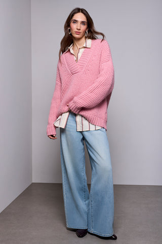 BLUE THREAD Chandail Oversize En Maille Côtelée Avec Col En V Profond-Gelée rose meange