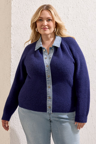 Size Inclusive Mixed Media Button-Front Sweater-Nightfall
