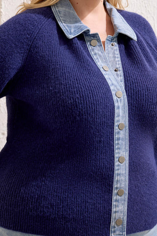 Size Inclusive Mixed Media Button-Front Sweater-Nightfall