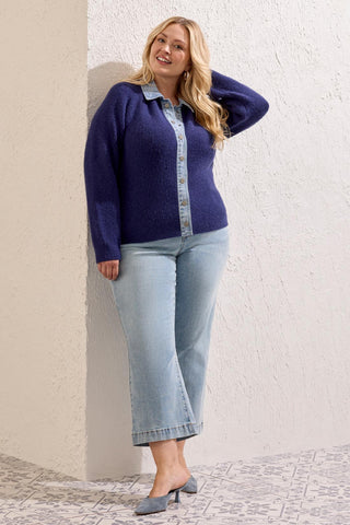 Size Inclusive Mixed Media Button-Front Sweater-Nightfall