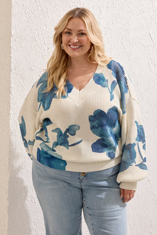 Size Inclusive Drop Shoulder V-Neck Puff-Sleeve Sweater-Cream