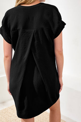Textured Short Sleeve Tunic Shift Dress-Black