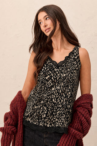 Satin Feel V-Neck Cami With Lace Trim-Steel