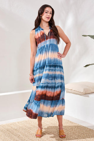 Ombré Printed Maxi Dress With Corded Neckline and Ruffle Hem-Sky
