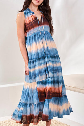 Ombré Printed Maxi Dress With Corded Neckline and Ruffle Hem-Sky