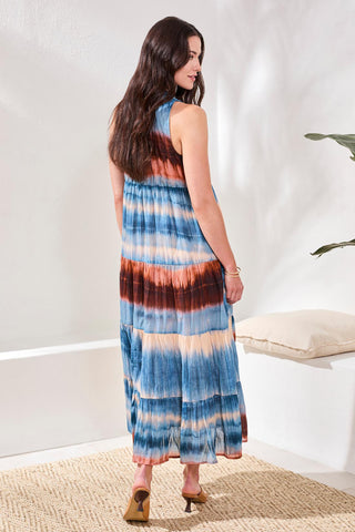 Ombré Printed Maxi Dress With Corded Neckline and Ruffle Hem-Sky