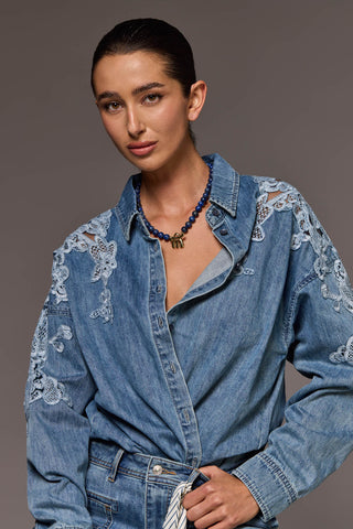 Embroidered Lace Inset Denim Button-Up Shirt-Flowerblue