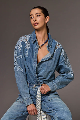 Embroidered Lace Inset Denim Button-Up Shirt-Flowerblue
