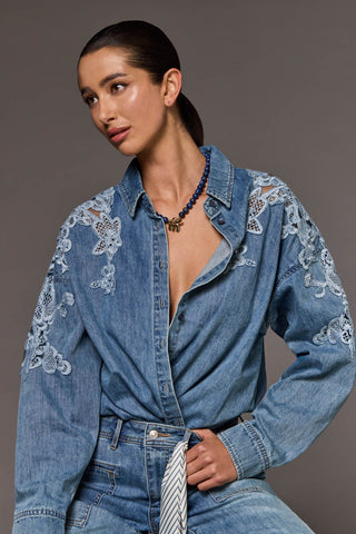 Embroidered Lace Inset Denim Button-Up Shirt-Flowerblue