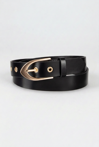 EMMA - Black Leather Harness Belt with Gold-Tone Grommets-Black