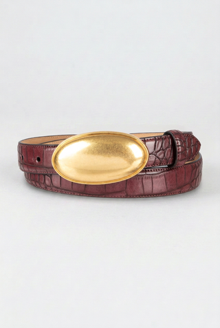 MARIA - Double Croc-Embossed Leather Belt with Oval Plaque-Burgundy