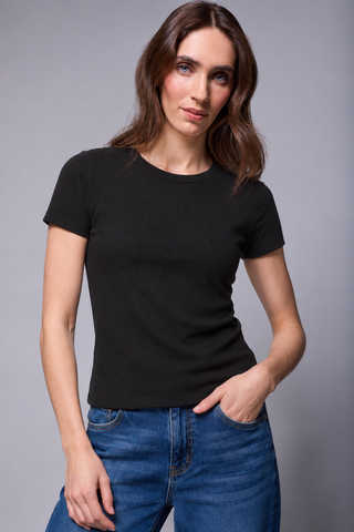 BLUE THREAD Cotton Ribbed Fitted Crew Neck Tee-Black