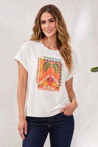 Cotton Embroidered Cap-Sleeve Crewneck Tee-White