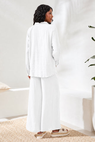 Crinkle Gauze Button-Front Collared Shirt-White