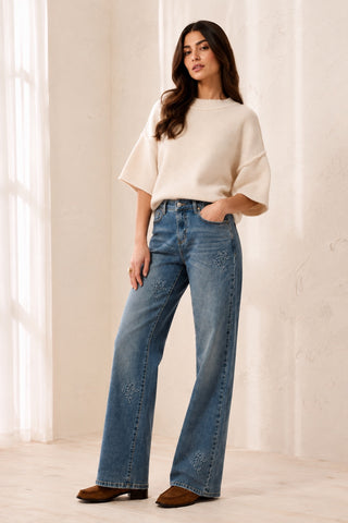 Sophia Curvy Straight Leg Embroidered Jeans-Flowerblue