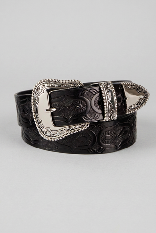 JOLENE - Embossed Leather Western Plaque Belt-Black