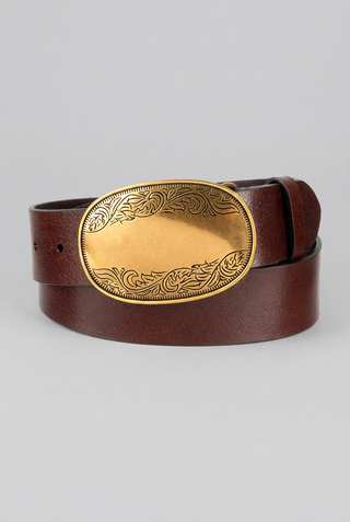 NICKY - Smooth Leather Belt with Etched Gold-Tone Plaque-Brown