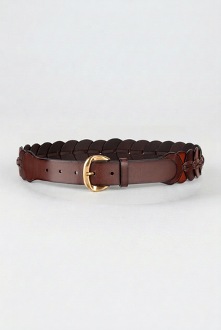 QUINN - Wide Pieced Leather Harness Belt with Scalloped Panels-Brown