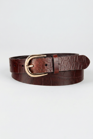 HARPER - Croc-Embossed Leather Harness Buckle Belt-Cognac