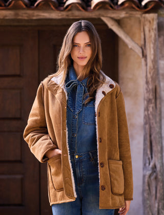 Reversible Faux Suede and Sherpa Fur Funnel Neck Jacket-Walnut