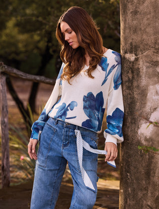 Drop Shoulder V-Neck Puff-Sleeve Printed Sweater-Cream