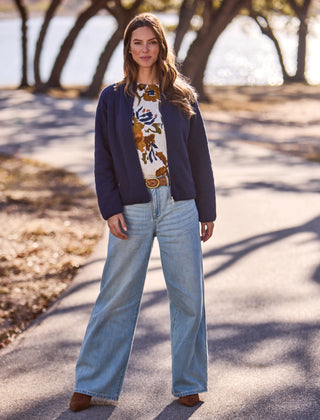 Soft Cotton-Blend Quilted Front Zip Bomber Jacket-Jet blue