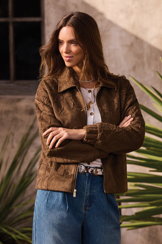 Embroidered Faux-Suede Zip-Front Jacket-Dkfossil
