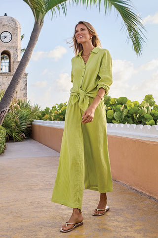 Crinkle Gauze Button-Front Tie Blouse-Greenbanana