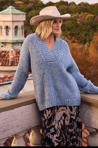 BLUE THREAD Oversized Chunky Ribbed Deep V-Neck Knit Sweater-H satin sky