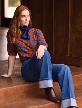 Fuzzy Embroidered Elbow Sleeve Knit Top-Maple