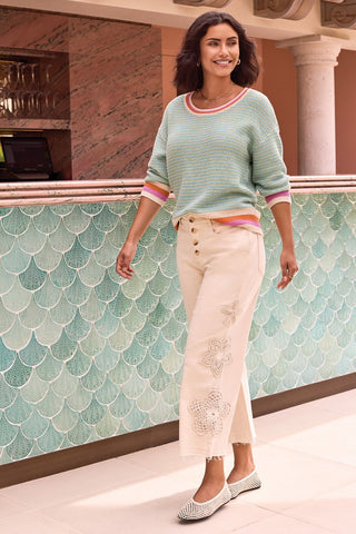 Scoop Neck Cotton Stripe Sweater-Mintleaf