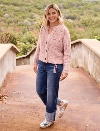 Sequined Button Front Notch Neck Sweater Cardigan-M macaron