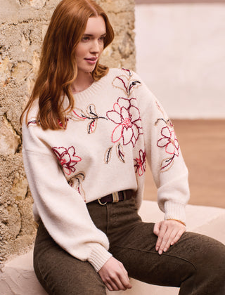 Eyelash Embroidered Long Sleeve Crew Neck Sweater-Moonstone