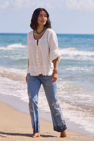 Cotton Gauze Balloon Sleeve Boho Blouse-Oceanpearl