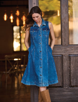 Fit-and-Flare Button Front Collared Denim Dress-Fountain