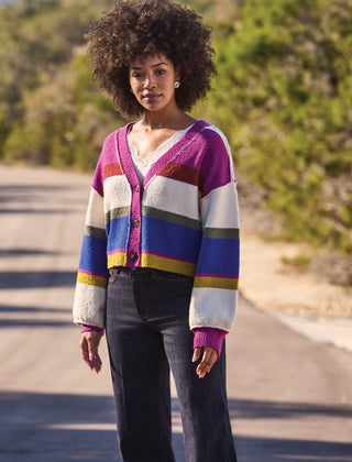 Soft Knit Drop Shoulder V-Neck Cardigan-Cream multi