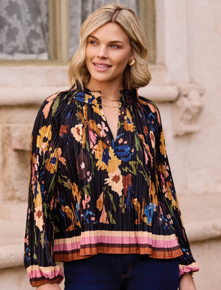Floral Pleated Notch Neck Puff Sleeve Blouse-Hickory