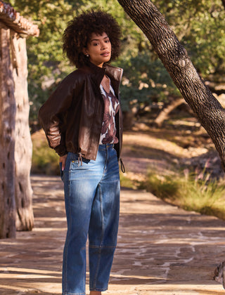 Faux Leather Mock Neck Adjustable Bubble Hem Jacket-Saddlebrown