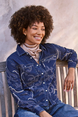 Floral Appliqué Embroidery Denim Button-Front Shacket-Rinse