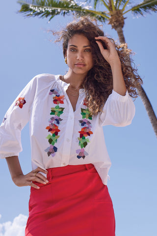 Embroidered Poplin 3/4 Sleeve Notch Neck Blouse-White