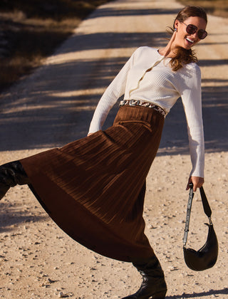 Pleated Stretchy Faux Suede Pull-On Maxi Skirt-Hickory
