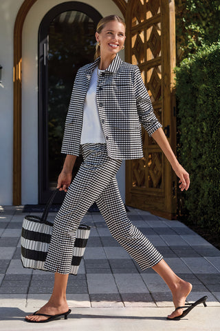 Gingham Button Front Collared Jacket With Pockets-Black