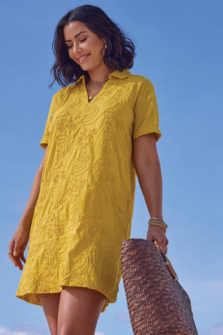 Textured Cotton Short Sleeve V-Neck Tunic Dress-Lemon